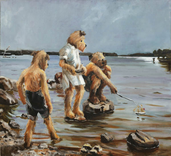 Leikkiviä poikia rannalla<br>  öljy kankaalle 2015